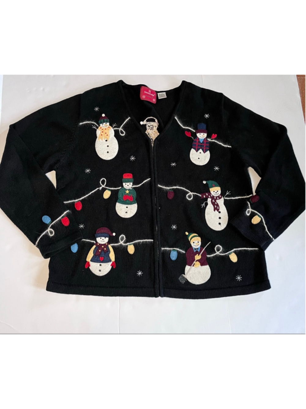 VTG Holiday Lodge Christmas Sweater Zip Cardigan Black Snowmen Lights Women L